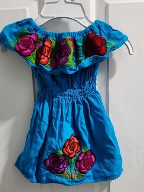 Bright Blue Girls' Off-Shoulder Floral Embroidered Dress